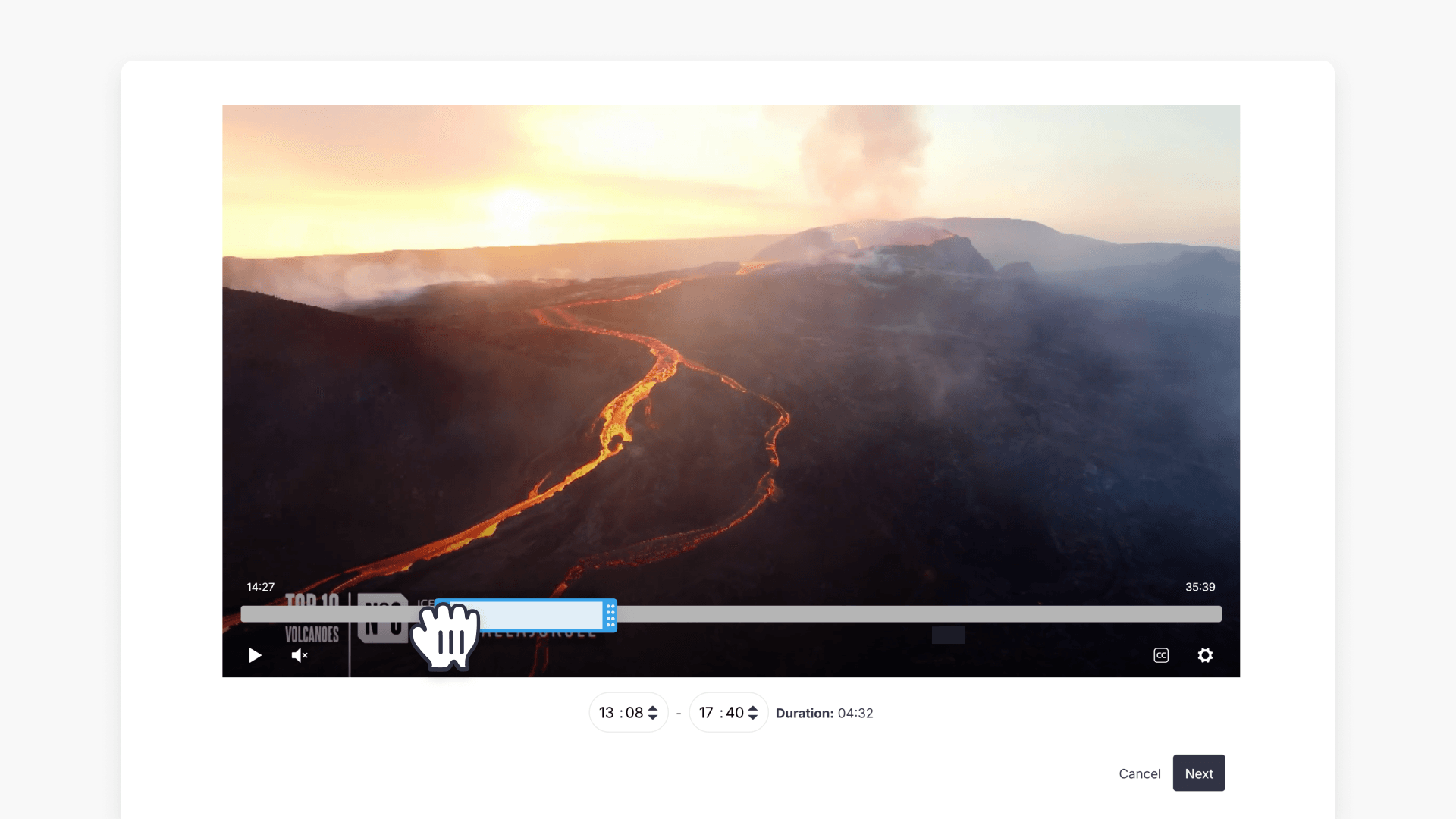Hand dragging over the 'Start A't and 'End At' fields in the Play Progress Bar