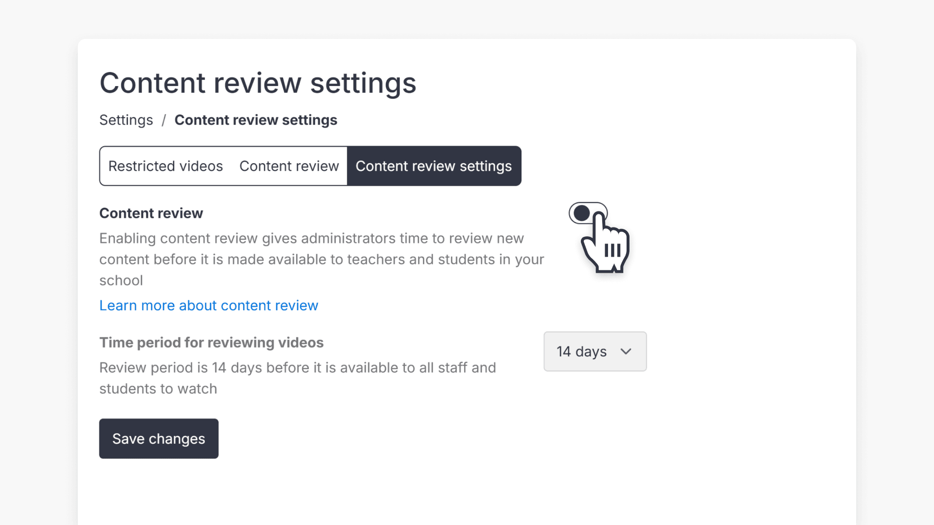 Cursor hovering over the "Content review" toggle in the Content review settings pop-up