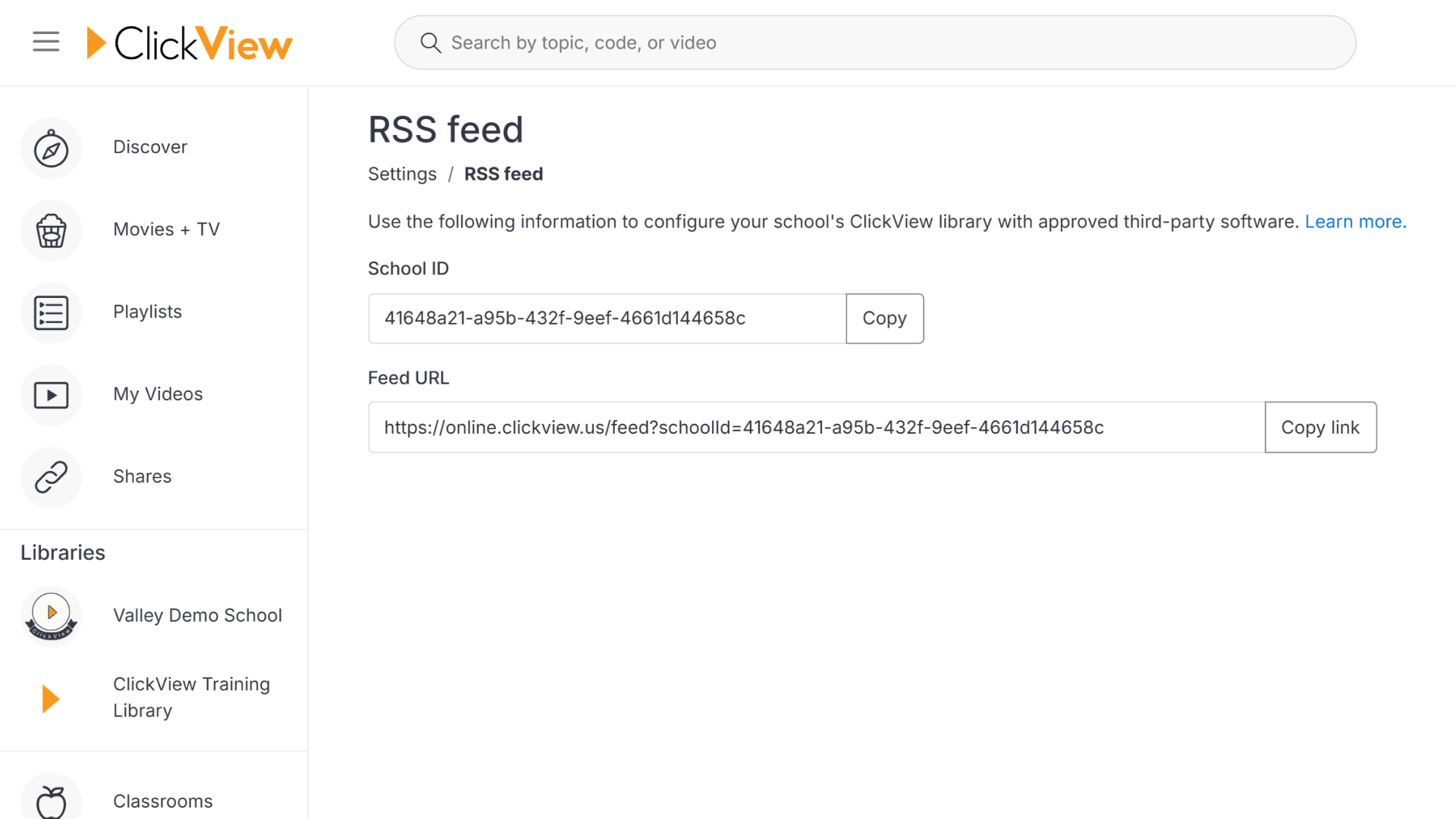 Clickview RSS feed interface