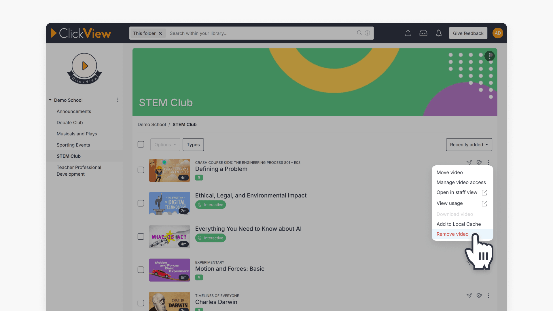 Hand pointing to 'Remove video' option under the 3 dots icon in a folder of Library Editor