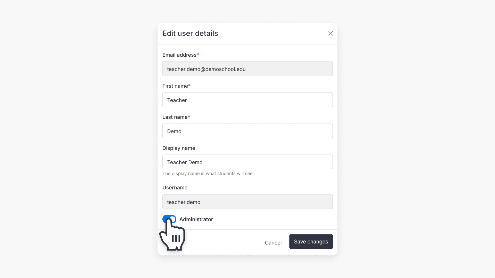Hand hovering over the 'Administrator' toggle in the 'Edit user details' window