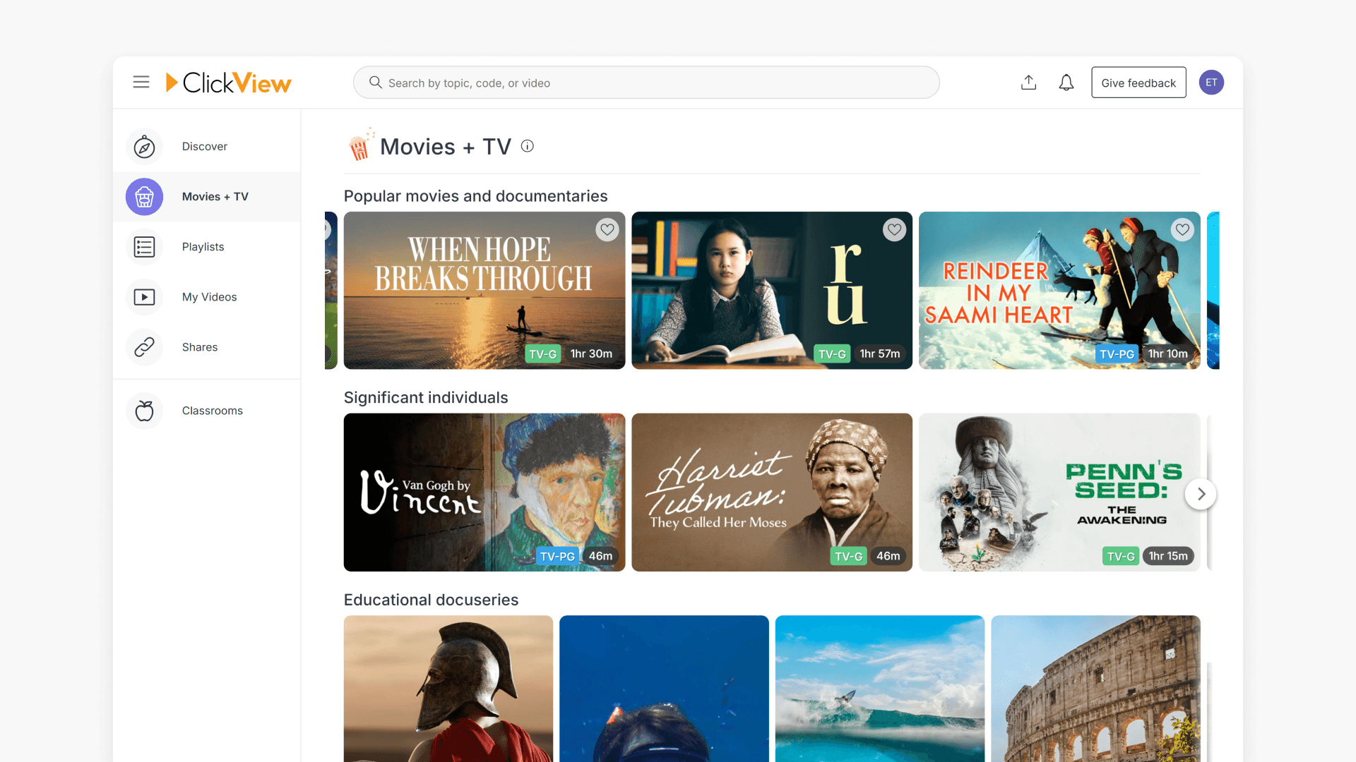 Clickview movies + tv interface