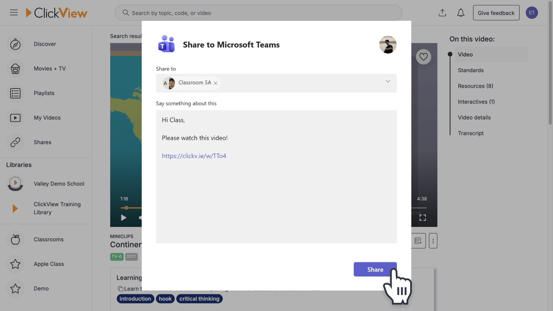 Hand pointing over the 'Save' button in the Share to Microsoft Teams pop-up window