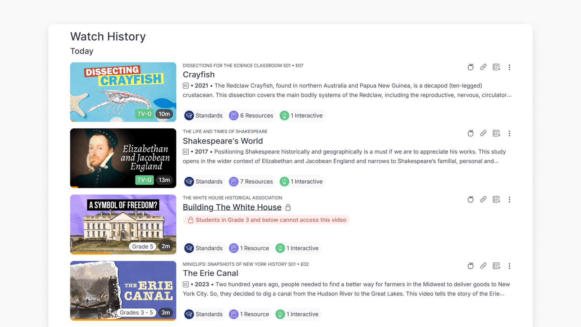 Watch history interface