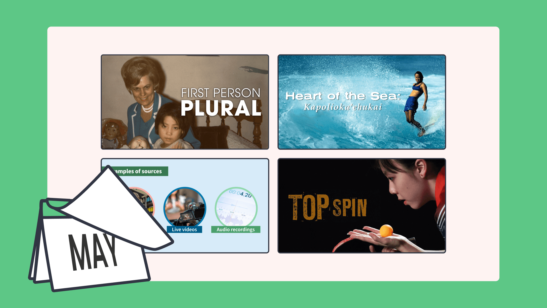 A collage of different videos with an illustration of the May calendar