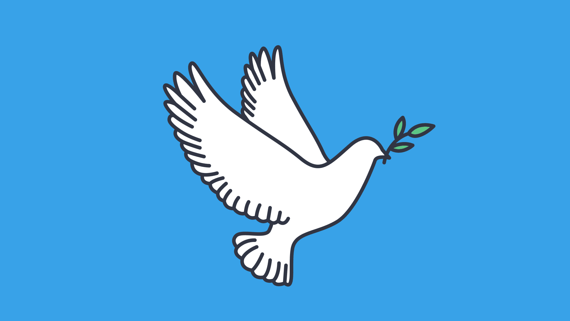 An illustration of a white dove with a green leave on the tip of its mouth with a blue background