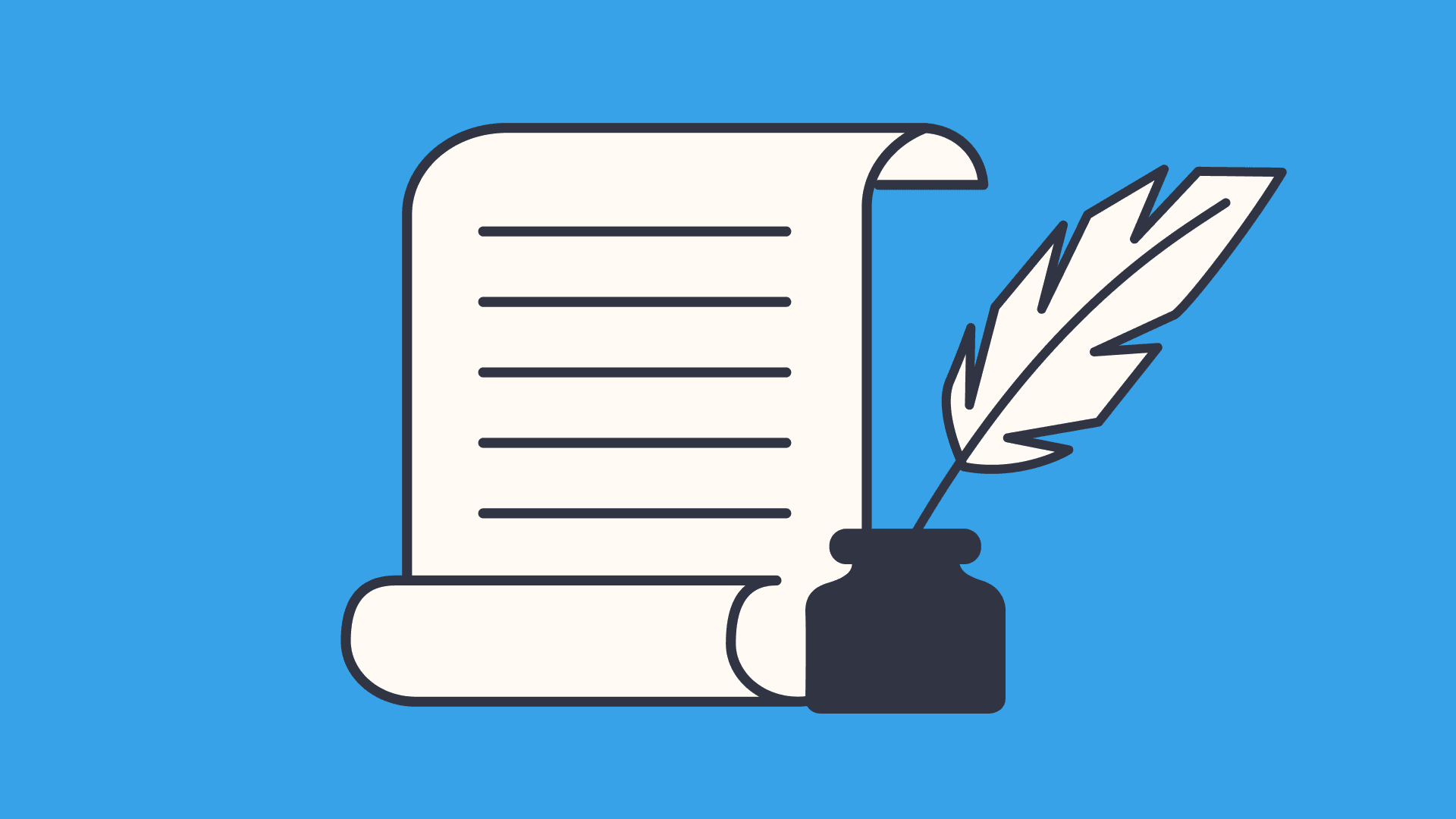 An illustration of a feather ink pen and paper with writing on it in a blue background