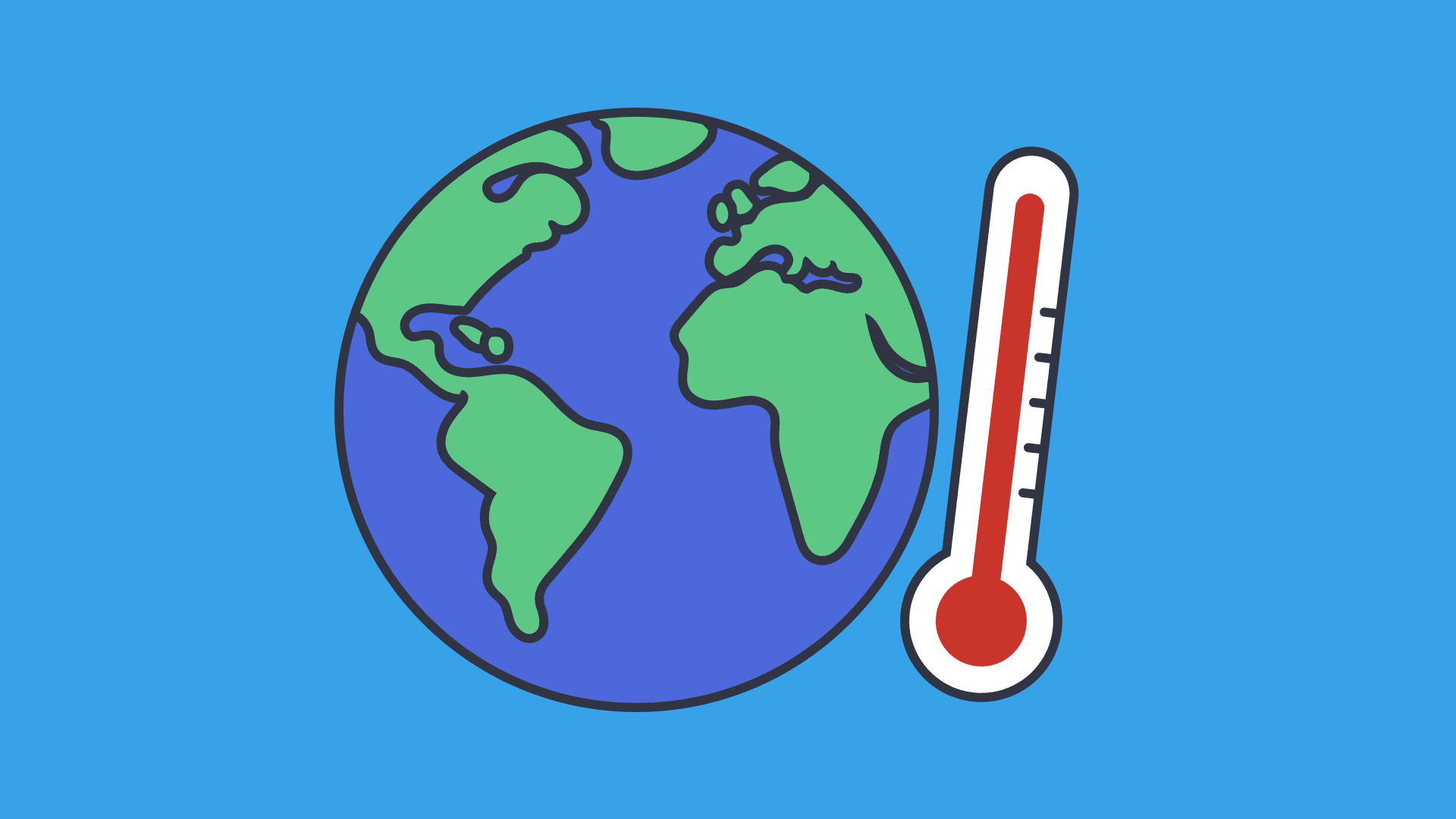 An illustration of the earth and a thermometer with a blue background