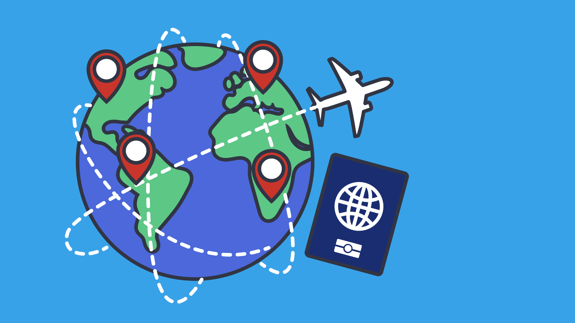 An illustration of the earth with location pins and an airplane and passport with a blue background