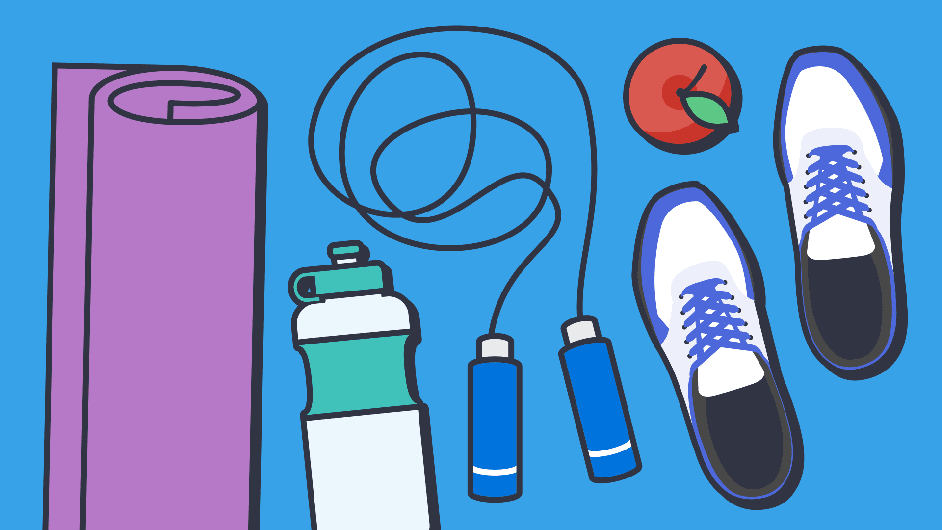 An illustration of a yoga mat, water bottle, jump rope, apple and running shoes with a blue background