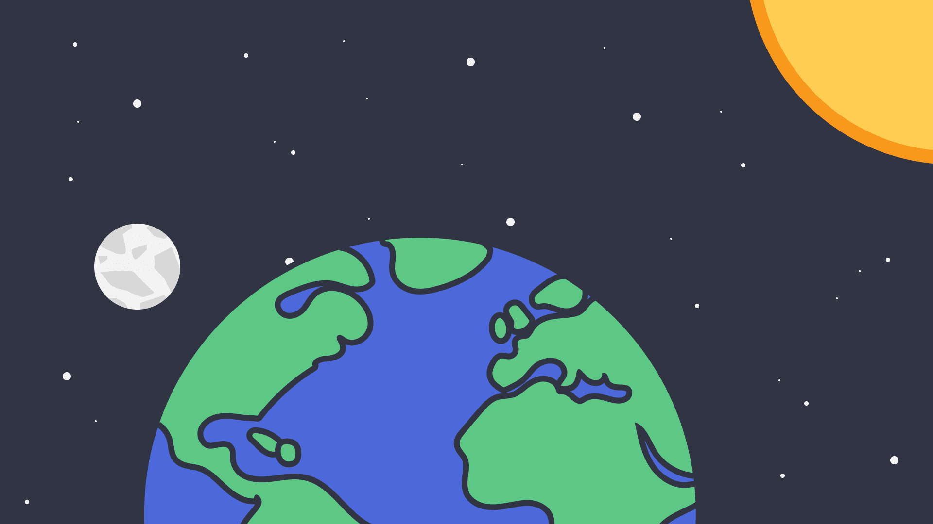 An illustration of the sun, earth and moon in space
