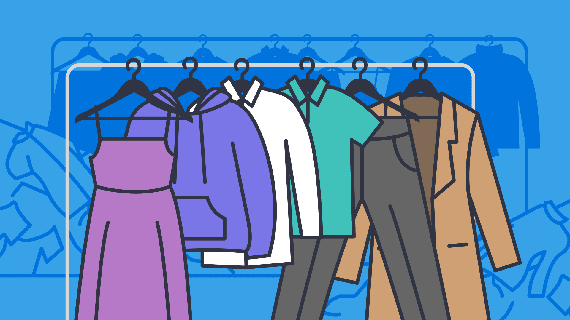 An illustration of clothes hanging on a rack with a blue background