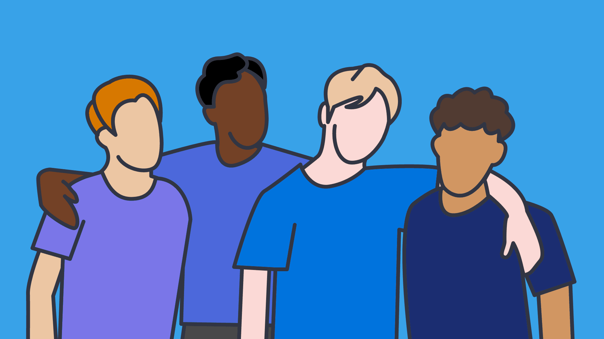 An illustration of boys with their arms on each others shoulders with a blue background