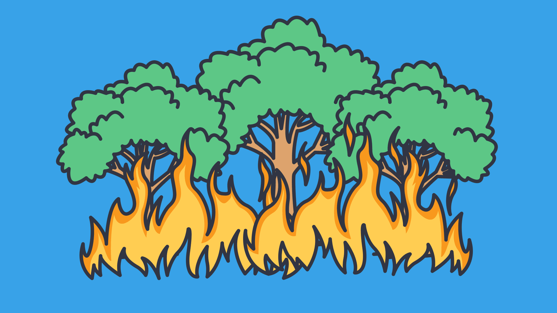 An illustration of trees with fire at the bottom with a blue background