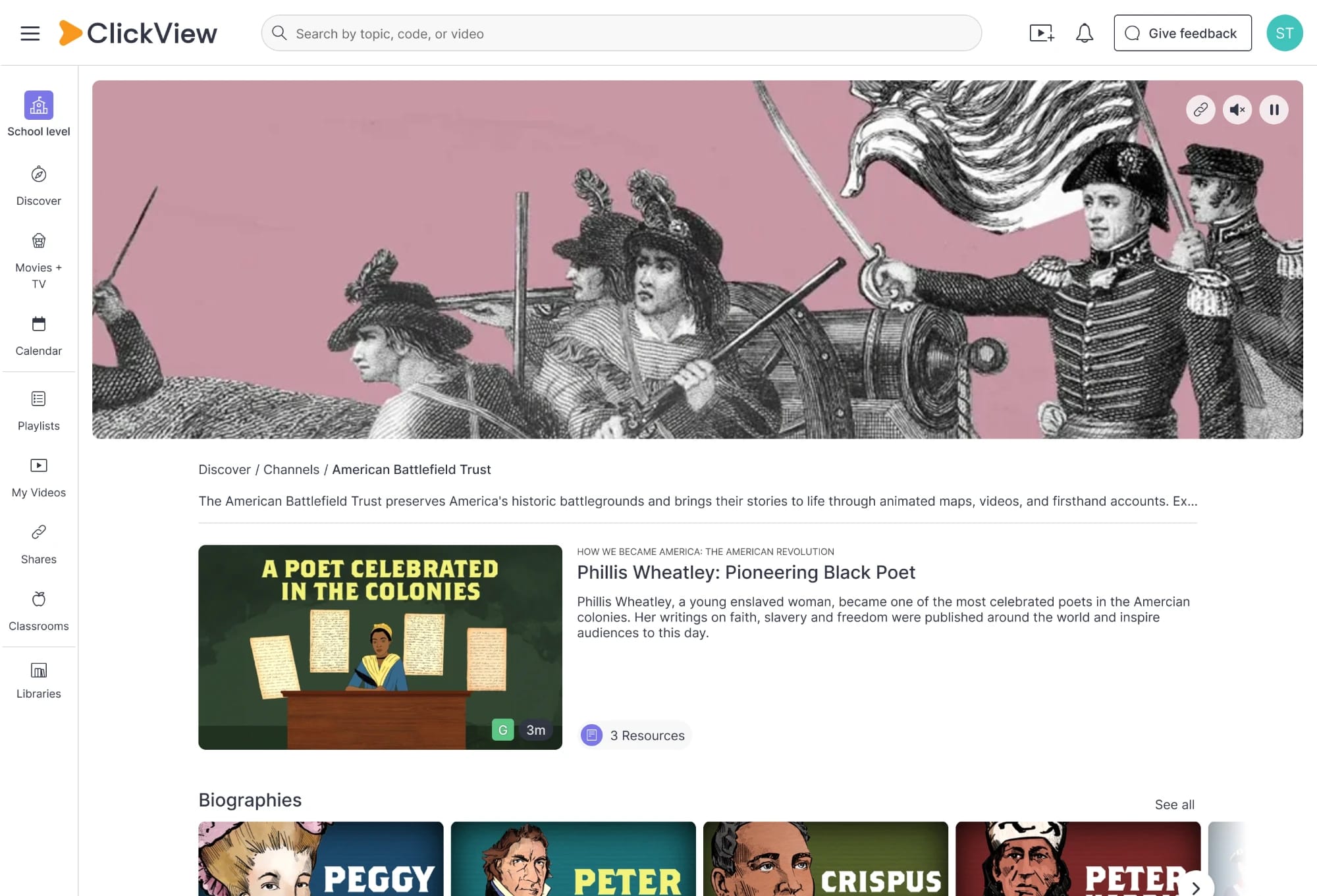 American Battlefield Trust channel on ClickView