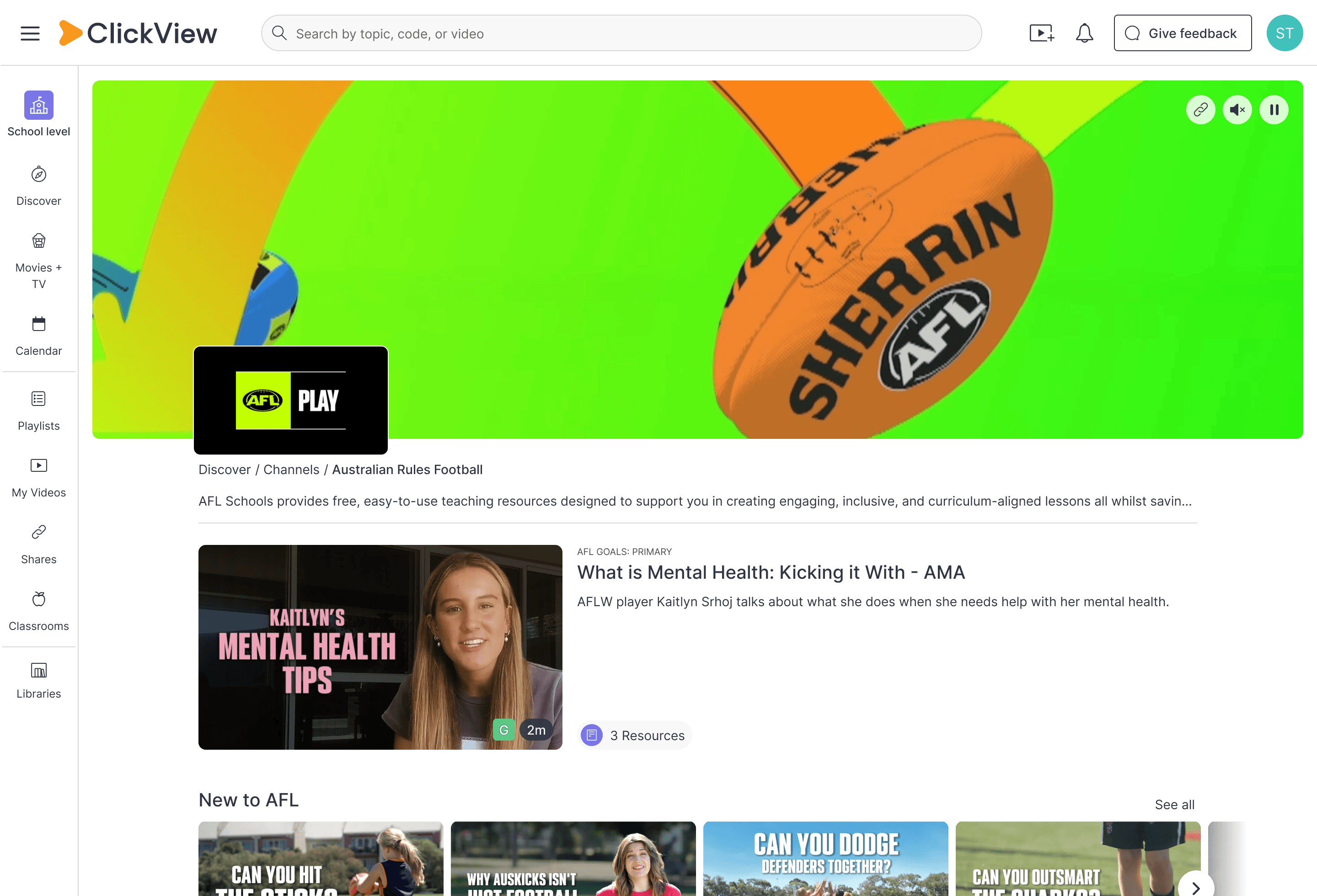 Australian Rules Football channel on ClickView