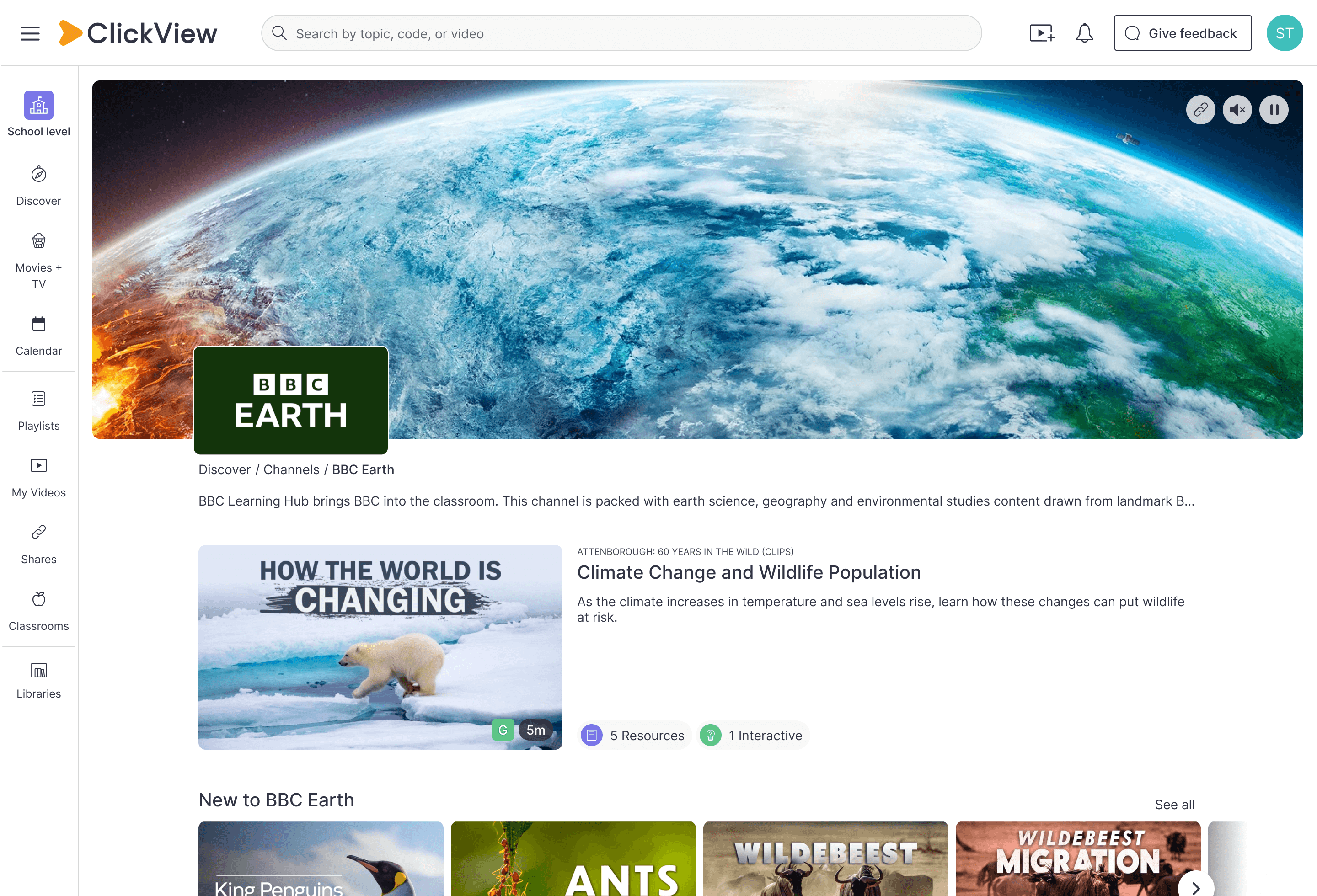 BBC Earth channel on ClickView