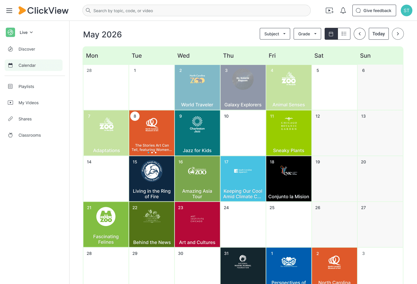 ClickView Live calendar