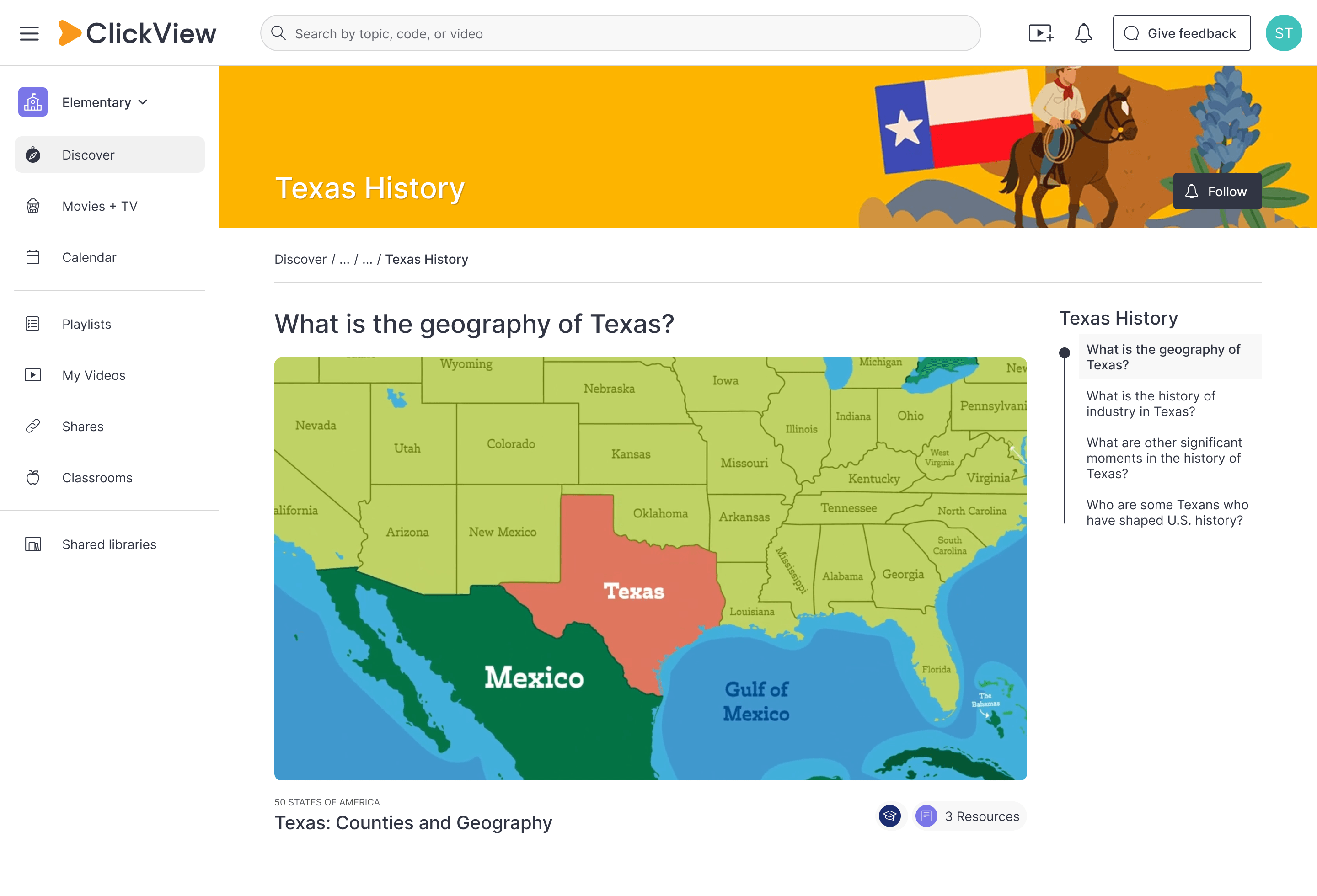 ClickView Texas history topic