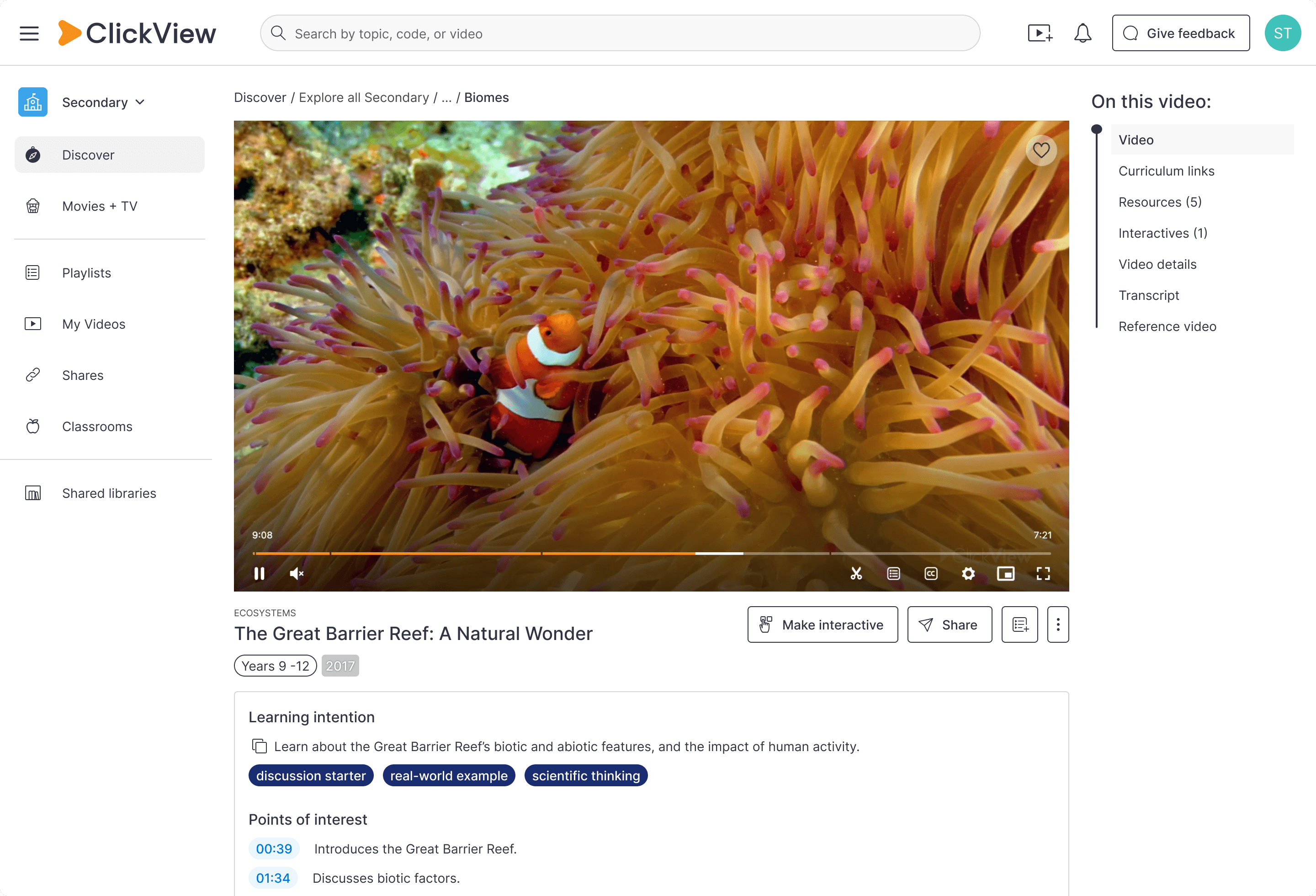 ClickView Great barrier reef play page
