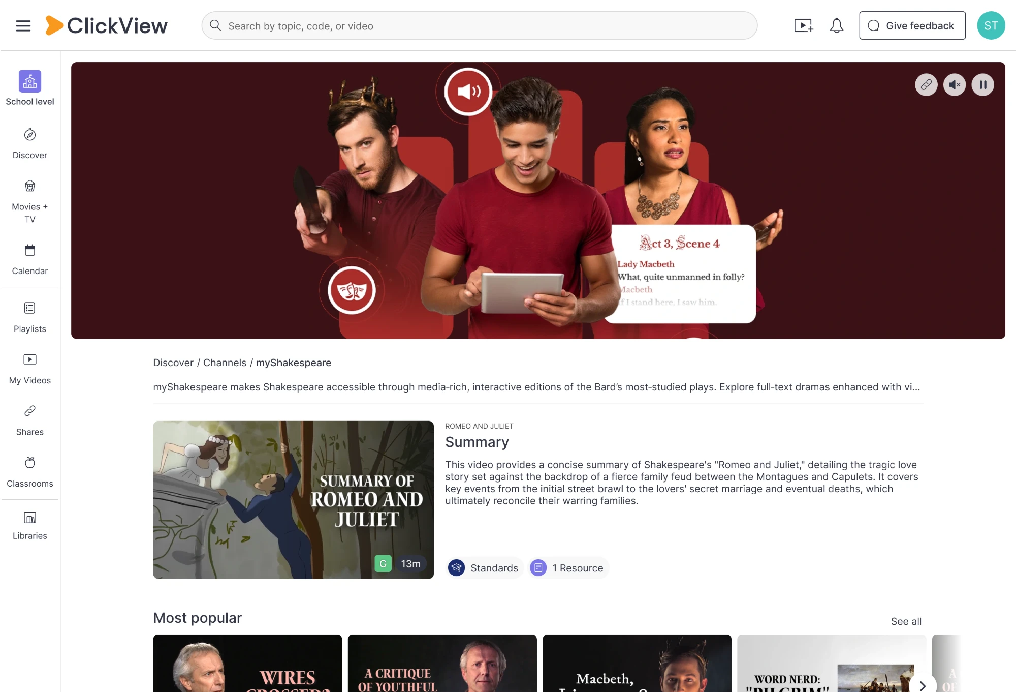 myShakespeare channel on ClickView