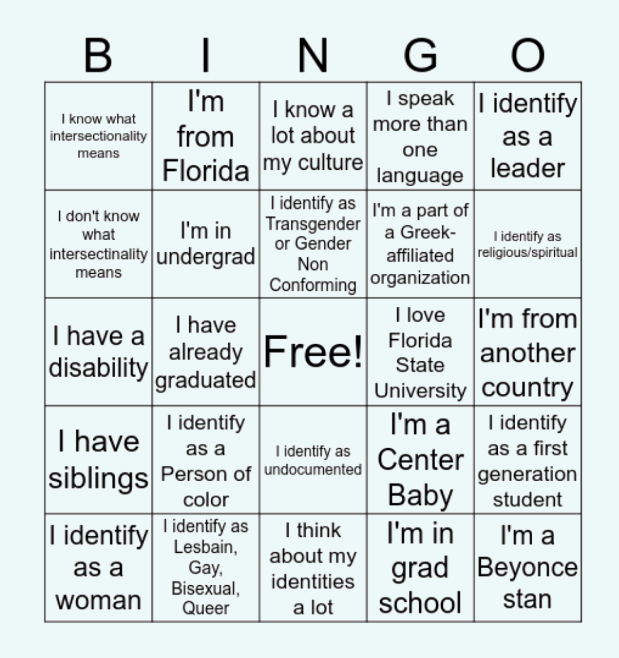 Social identity bingo card with various statements about culture, gender, and personal identities.
