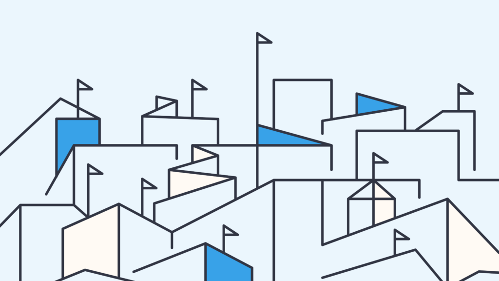 Abstract illustration of a school maze with flags on rooftops