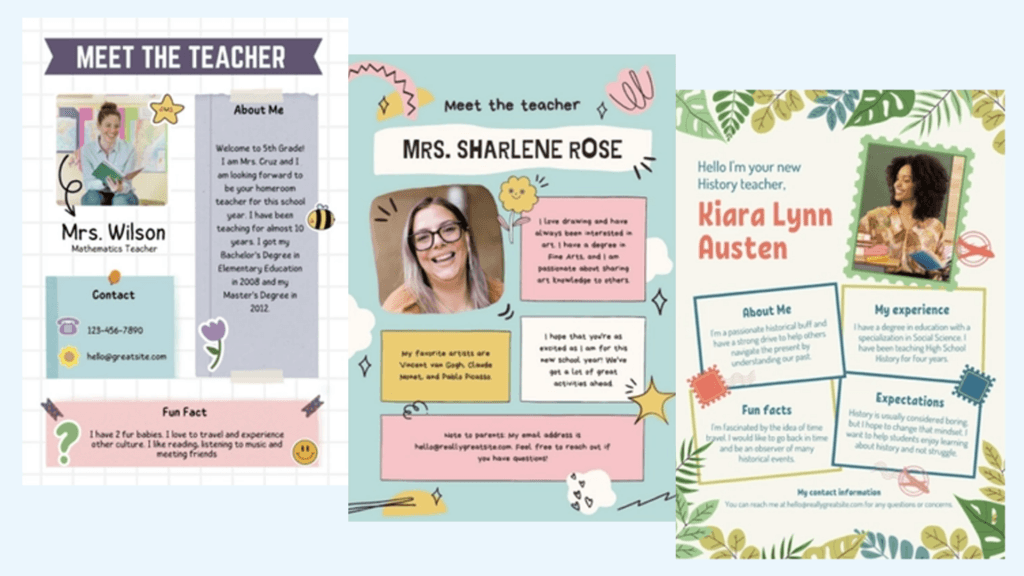 Various teacher introduction posters highlighting experience and fun facts.