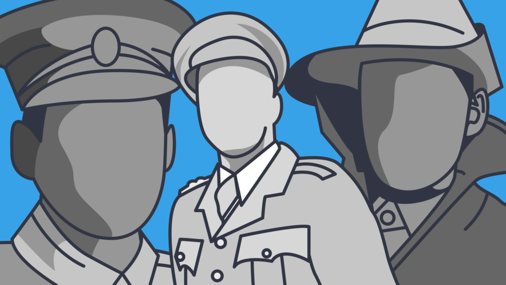 An illustrations of soldiers shaded in grey on a blue background