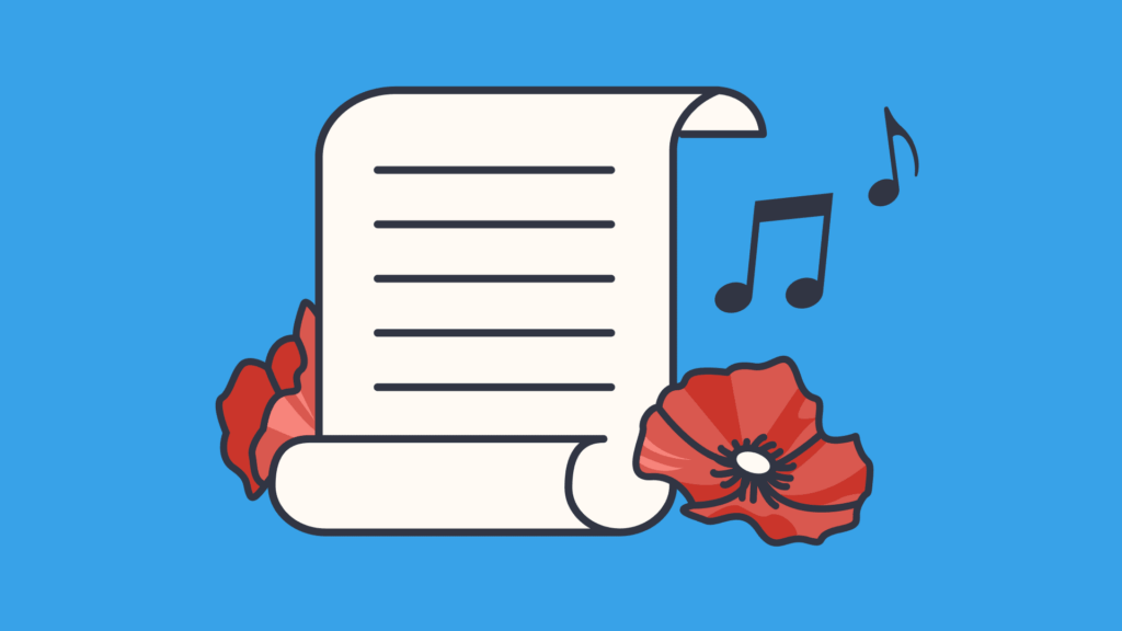 An illustration of a piece of paper with lines on it, with red flowers and musical notes surrounding it on a blue background