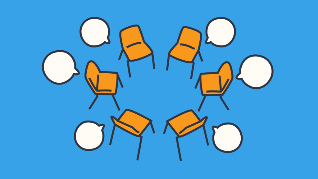 A circle of 6 orange chairs on a blue background symbolising a group discussion
