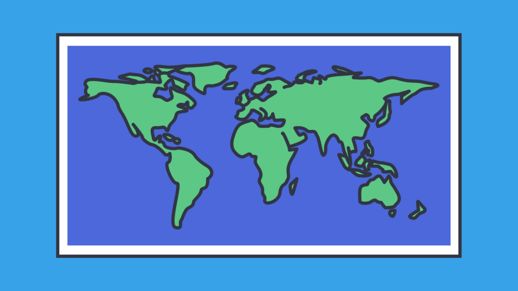 Simple graphic of a world map showing the continents and oceans
