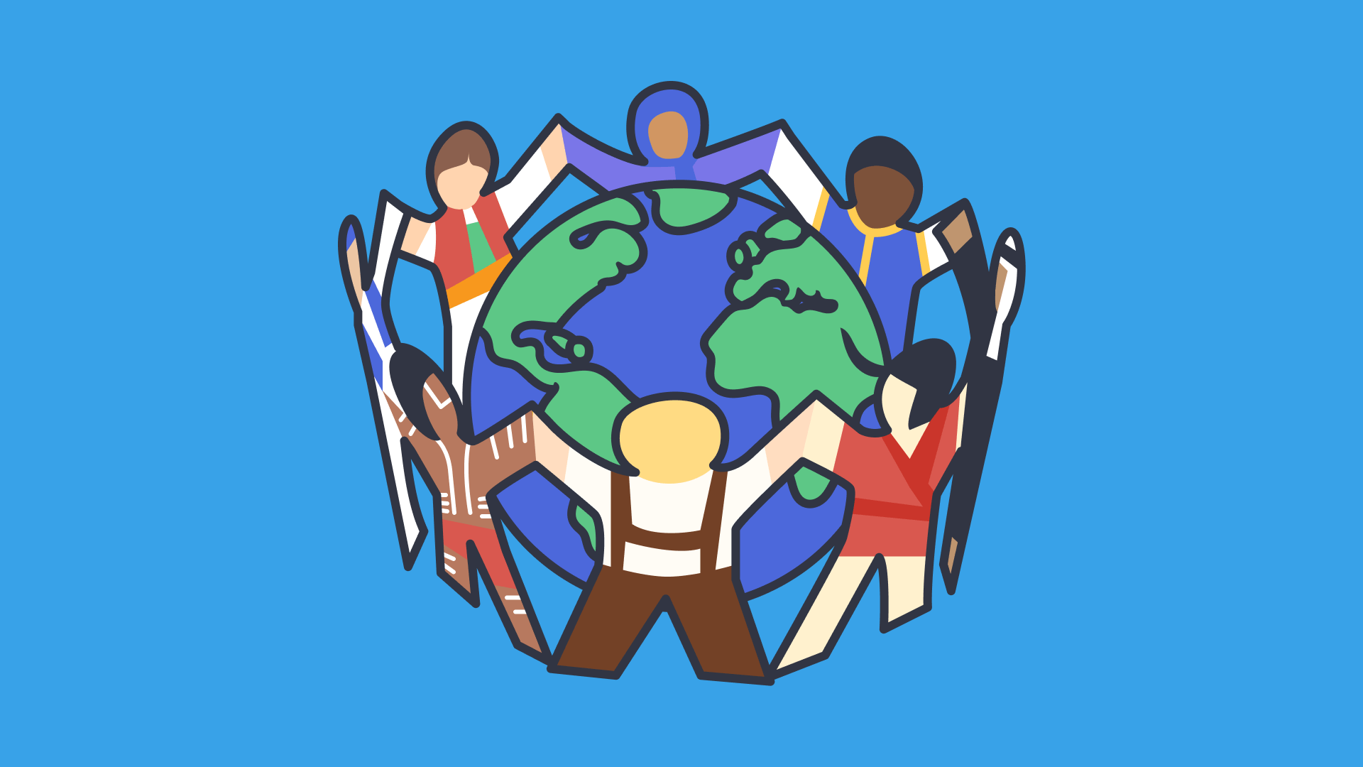 A graphic of people from different background and countries holding hands around the globe to symbolise diversity
