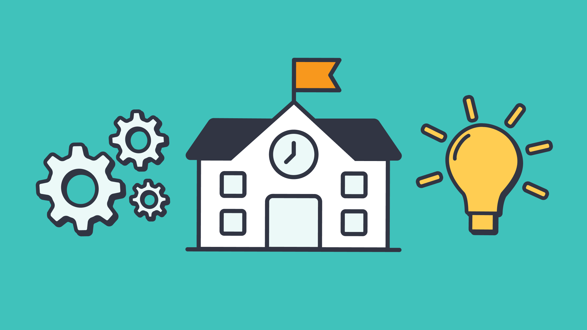 School with gears and light bulb, illustrating innovation in education systems.