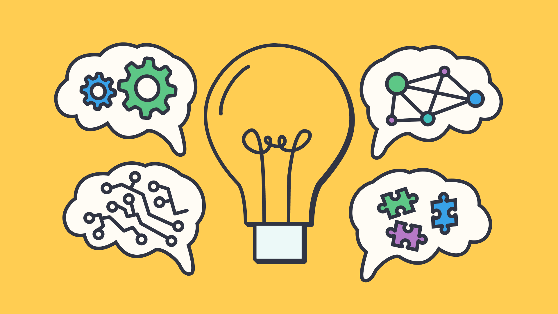 illustration of a lightbulb surrounded by puzzles and cogs in speech bubbles