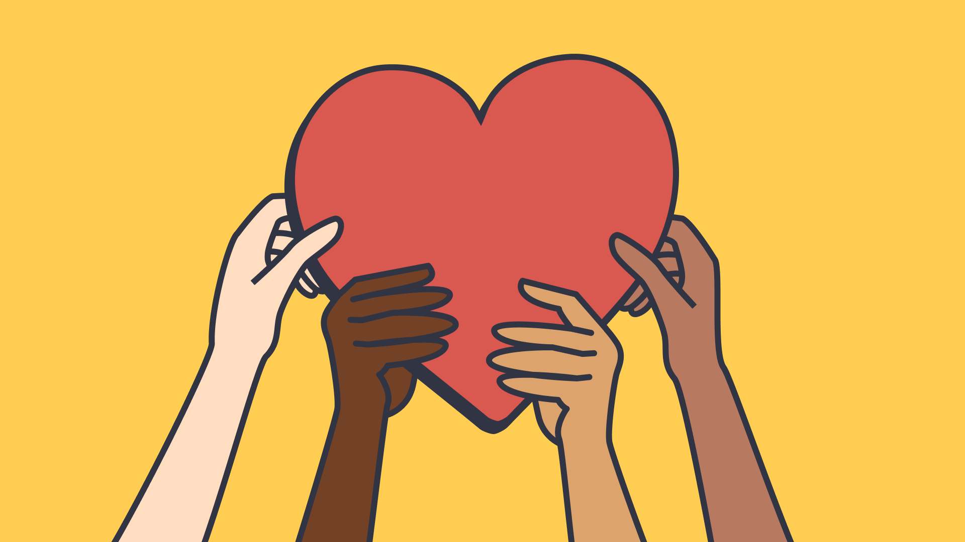 Graphic of a red heart held in the air with 4 hands