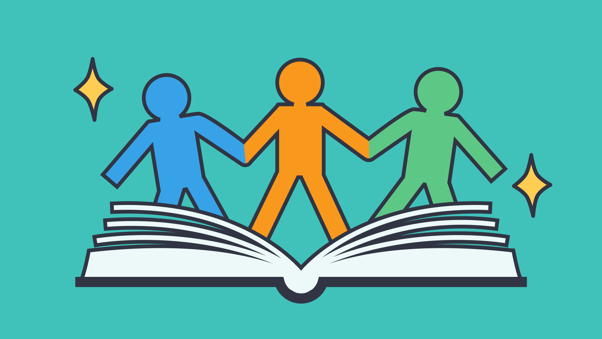 Three colorful figures holding hands on an open book, symbolizing teamwork and learning.