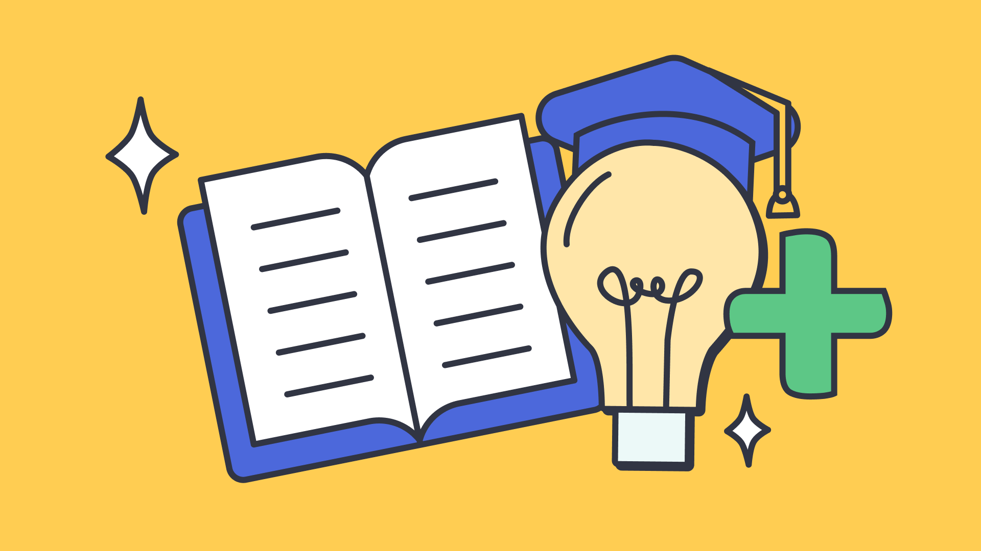 Graphic of a school textbook, lightbulb and mortarboard