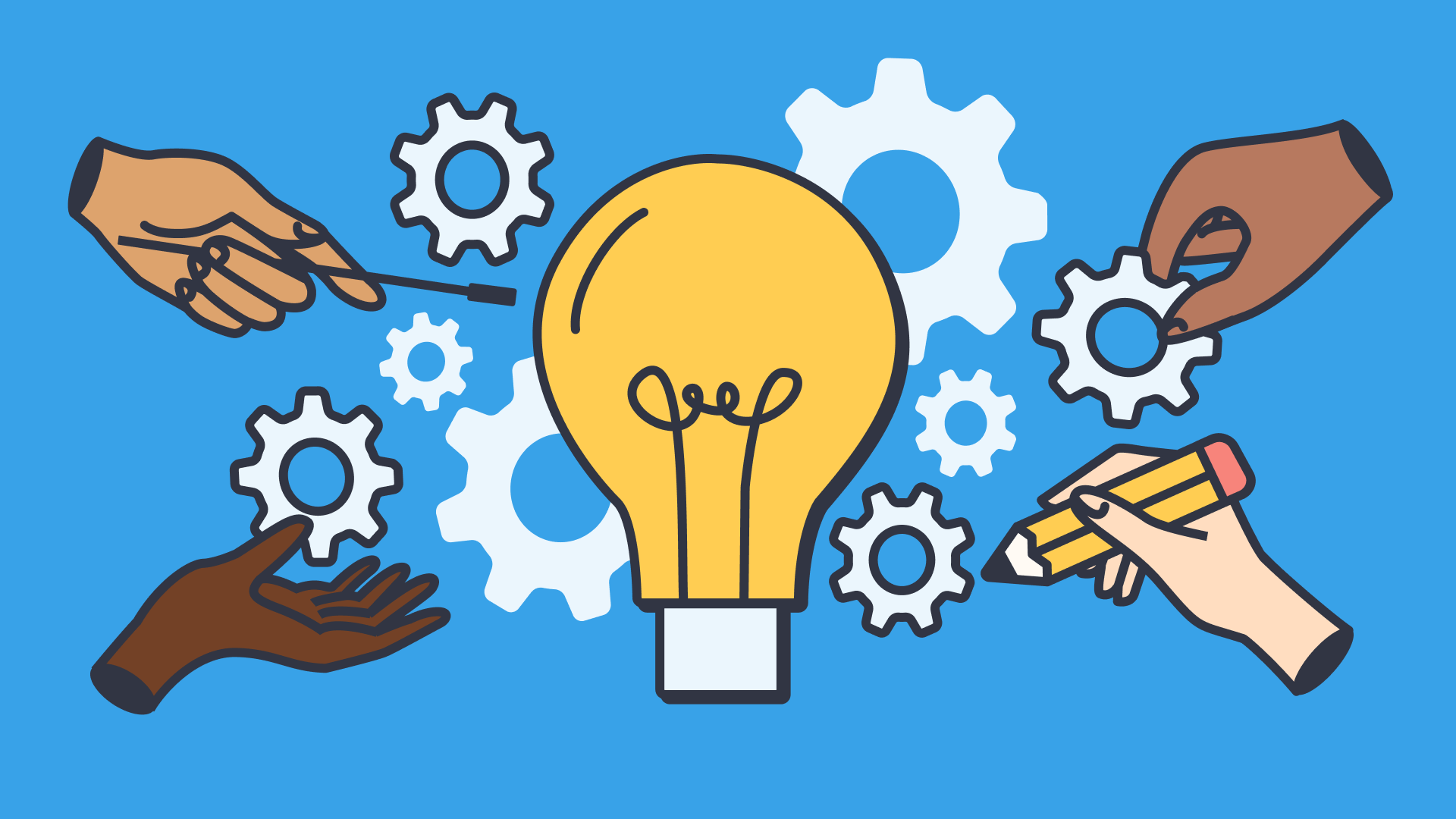 Hands working together with gears and a lightbulb to symbolize teamwork and innovation.