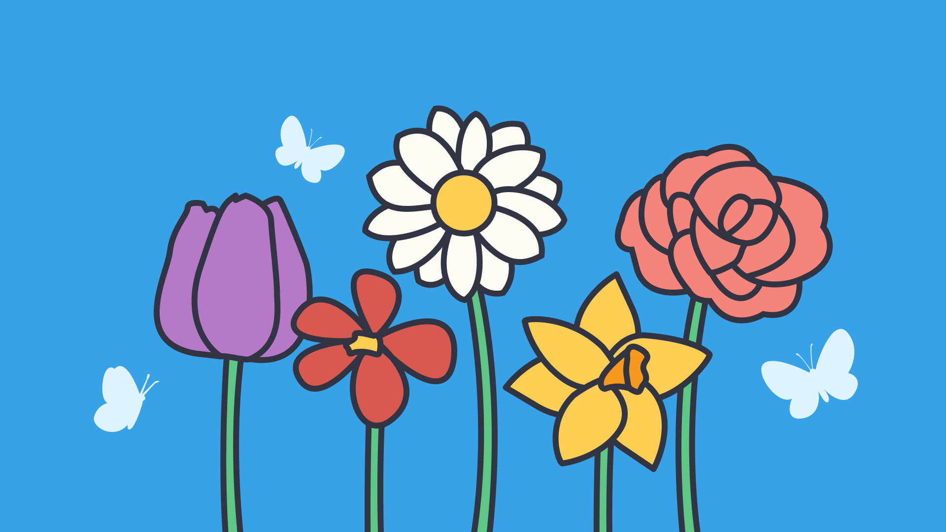 illustration of spring flowers in various colours on a blue background