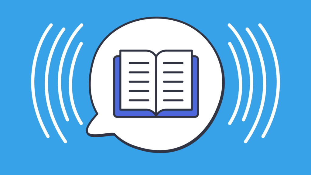 An illustration of an open book inside a speech bubble.