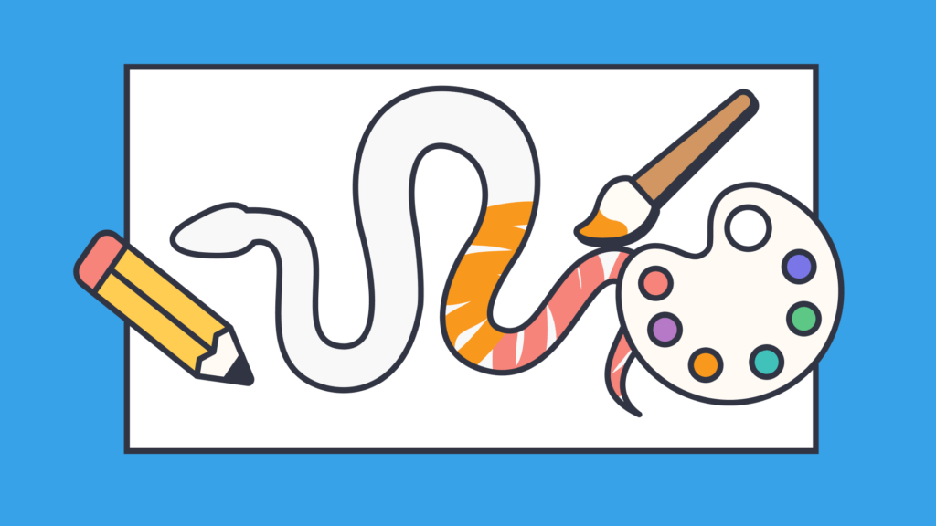 An illustration of a snake half way coloured in red and orange, with a pencil, paint brush and paint palette on the side