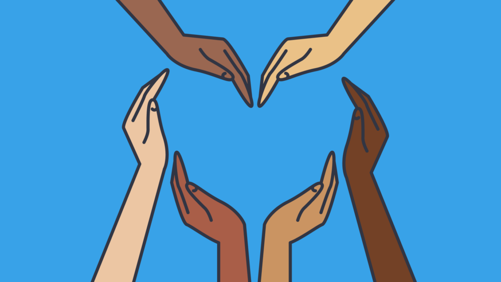 An illustration of arms of different skin colour making a heart shape