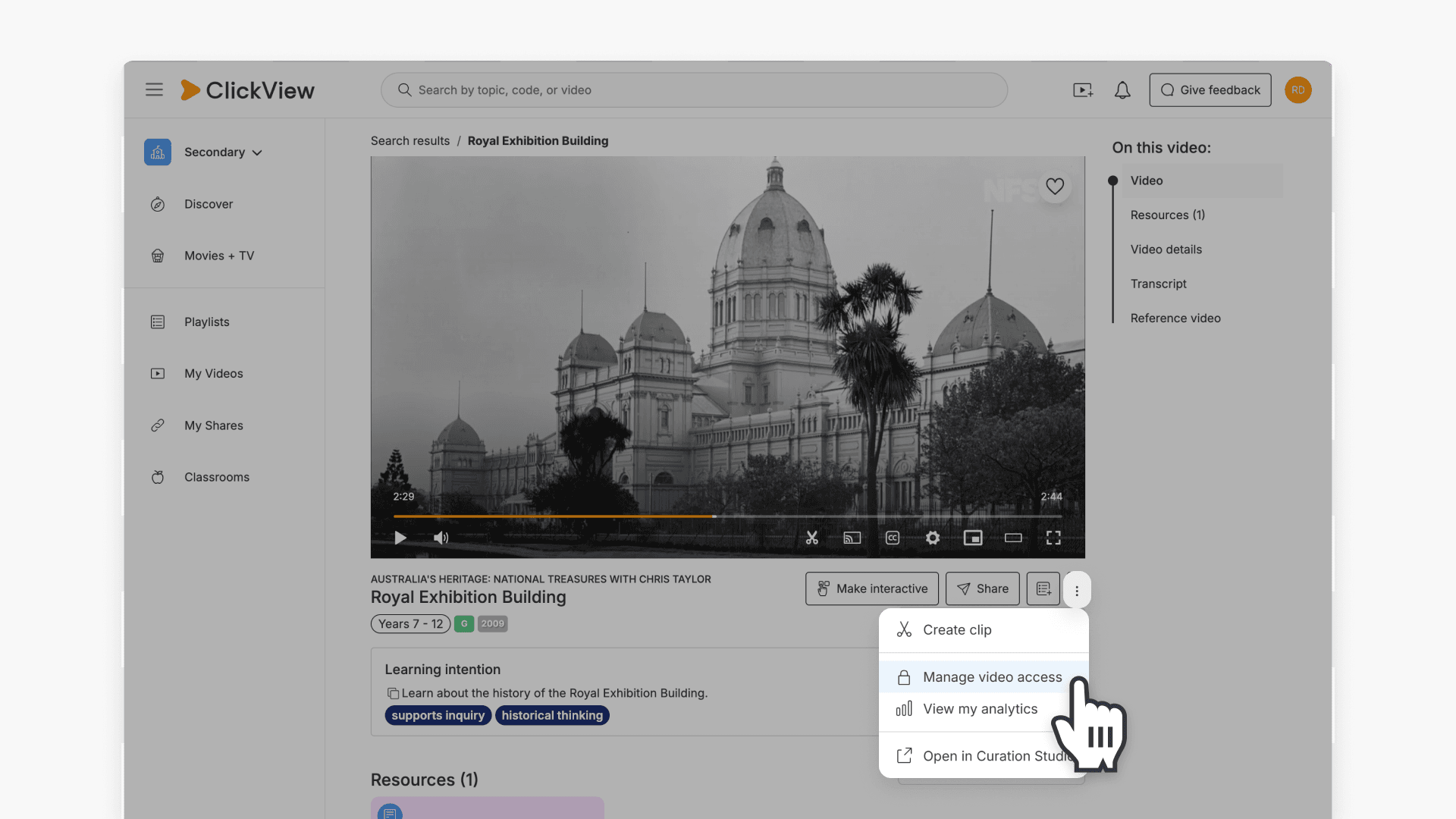 Manage video access drop down