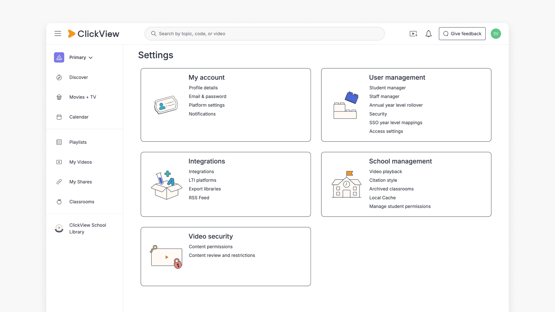 ClickView settings page