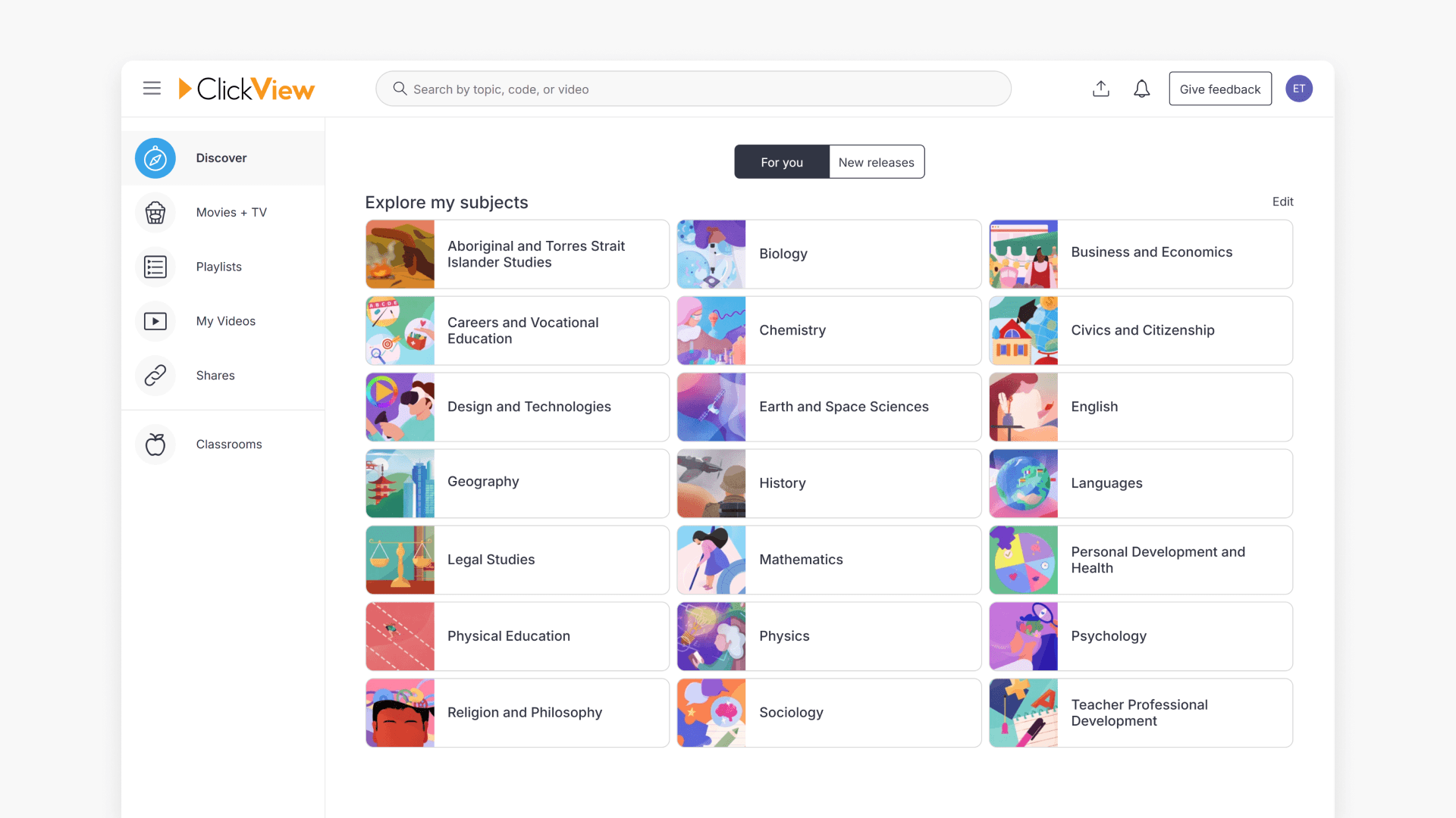 You can click through subjects on the ClickView Discover page