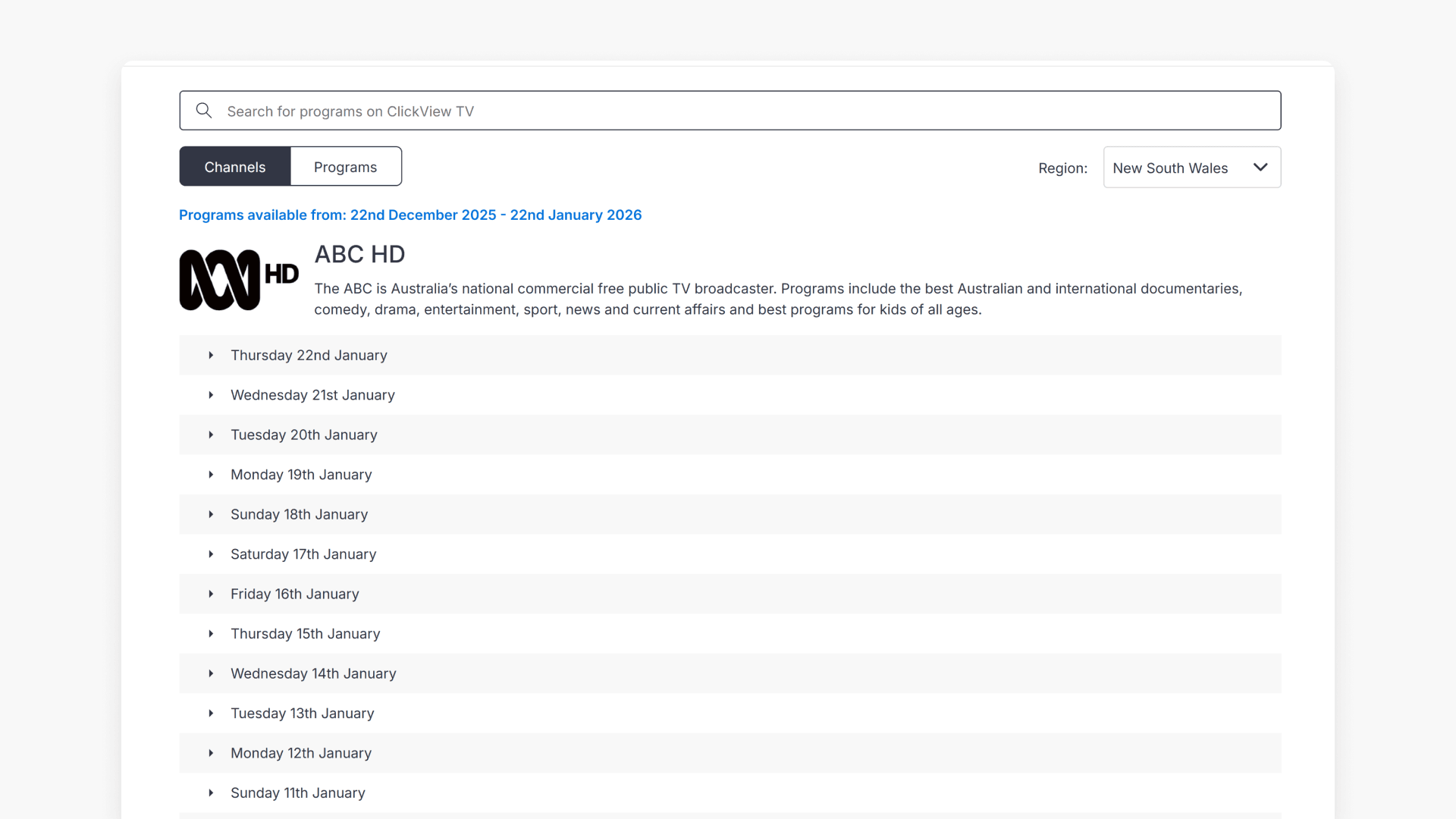 List of days showing TV recordings