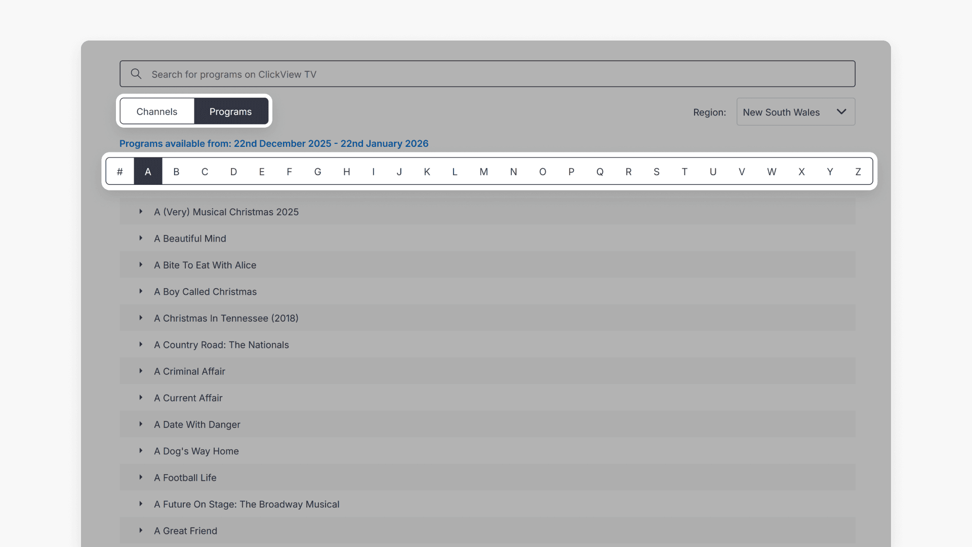 First letter of the program name to view programs