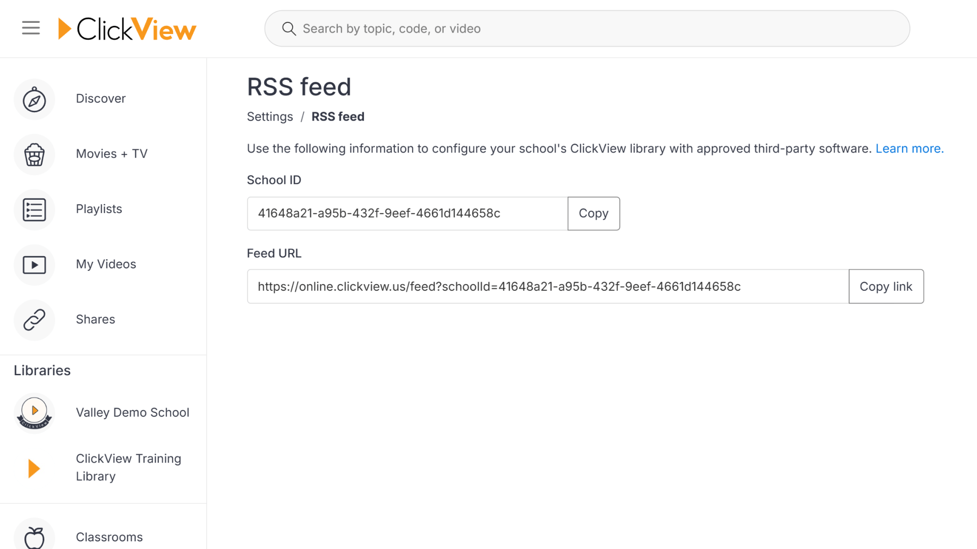Clickview RSS feed interface