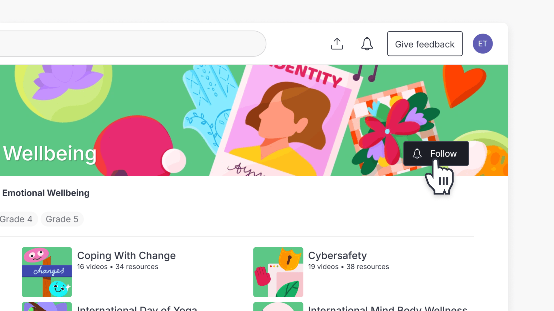 Hand pointing over 'Follow' button in a topics page